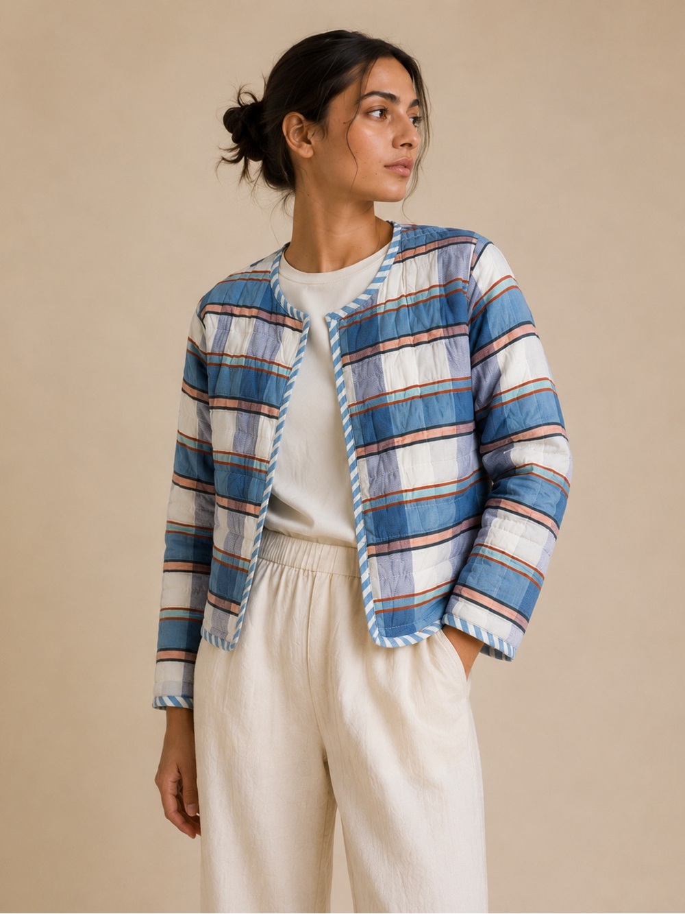 Ace & Jig Quilt Jacket Blue & White Striped Open Front Medium - Picture 2 of 13